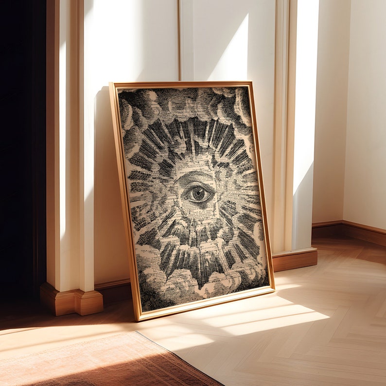 May include: A black and white vintage illustration of an eye surrounded by clouds and rays of light. The eye is set against a background of text, creating a unique and intriguing design.