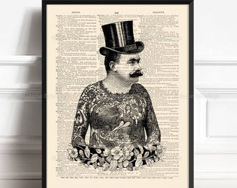 Tattooed Man, Tattoo Print Gift, Tattoo Wall Decor, Gothic Art Poster, College Dorm Poster, Hipster Tattoos, Tattoo Parlor Print Top Hat 492