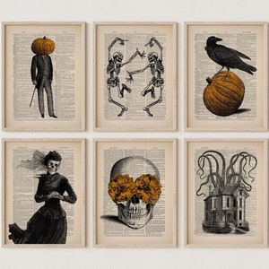 Set of 6 Vintage Halloween Prints, Halloween Decor, Skeleton Wall Art, Vintage Art Print Funny Halloween Print Art Skull Raven Pumpkin Art