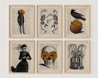 Set of 6 Vintage Halloween Prints, Halloween Decor, Skeleton Wall Art, Vintage Art Print Funny Halloween Print Art Skull Raven Pumpkin Art