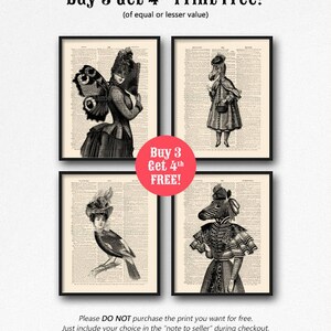 May include: Four black and white printable art prints featuring women with animal heads. The prints are framed and displayed on a white background. The text "Buy 3 Get 4th Print Free!" is displayed at the top of the image. The text "(of equal or lesser value)" is displayed below the first line of text. The text "Buy 3 Get 4th FREE!" is displayed in a red circle in the center of the image. The text "Please DO NOT purchase the print you want for free. Just include your choice in the "note to seller" during checkout." is displayed at the bottom of the image.