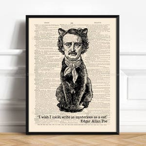 Bookworm Art Print, Edgar Allan Poe, Book Lover Gift Idea, Edgar Poe Gothic, Best Cat Lady Gifts, Cat Lovers Gifts, Gift For Bibliophile 538