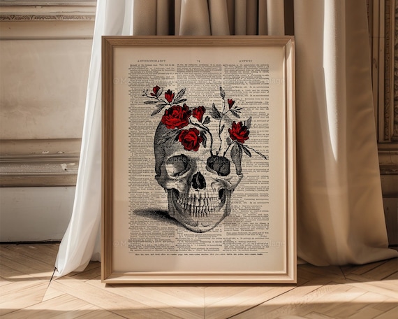 Skull Flowers, Real Skull Decor, Sister Gift, College Dorm Print, Red Rose Decor, Wife Xmas Gift, Rustic Bathroom, Art Print Vintage 429