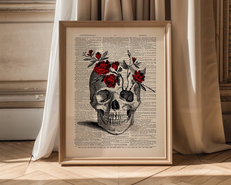 Dödskalleblommor, äkta dödskalledekor, systerpresent, studenthemstryck, röd rosdekor, julklapp till fru, rustikt badrum, vintagekonsttryck 429 bild 1