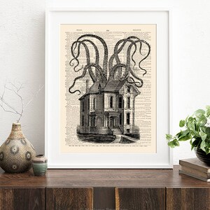 May include: Black and white illustration of a house with an octopus wrapped around it. The octopus's tentacles are reaching up and out, and the house is in the center of the image. The image is printed on a vintage book page.
