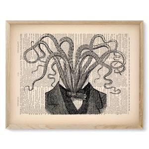 May include: A black and white illustration of a man with an octopus head wearing a suit and bow tie. The image is printed on a vintage book page.