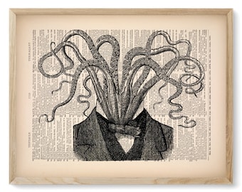 May include: A black and white illustration of a man with an octopus head wearing a suit and bow tie. The image is printed on a vintage book page.
