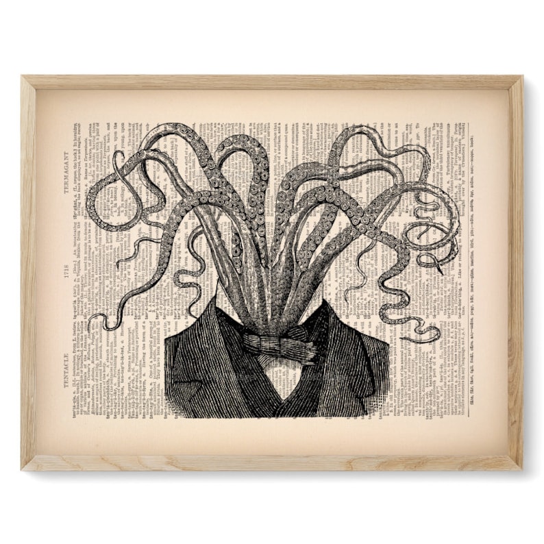 May include: A black and white illustration of a man with an octopus head wearing a suit and bow tie. The image is printed on a vintage book page.