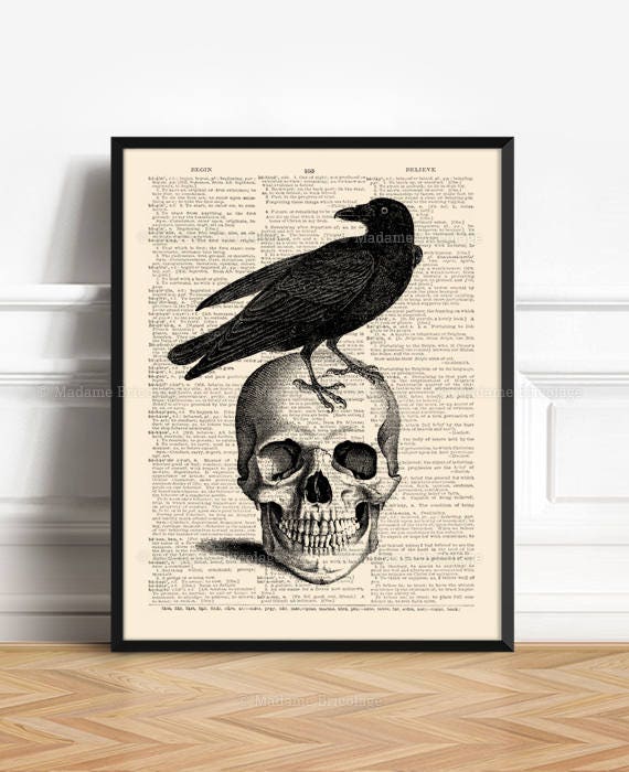 Vintage Style Art Picture Crow Skull Gothic Bones Wall 