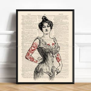 May include: A black and white illustration of a woman with red hearts tattooed on her arms. The woman is wearing a corset and has her hair pulled back in a bun. The illustration is printed on a vintage dictionary page.