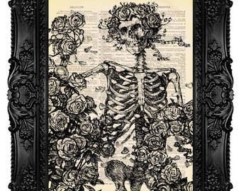 Death and Roses, Day of the Dead, Human Skeleton - Dictionary Art Print Vintage Upcycled Antique Book Page no.130