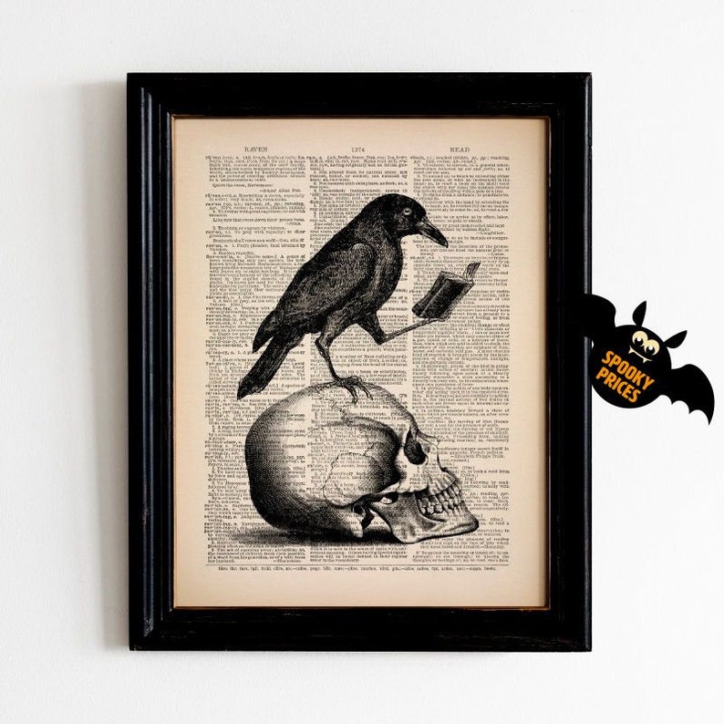 Skull with Raven Edgar Allan Poe Raven Nevermore Book Reading Crow Black Bird Gothic Poster Gift for Book Lover Gift for Goth Halloween 542 