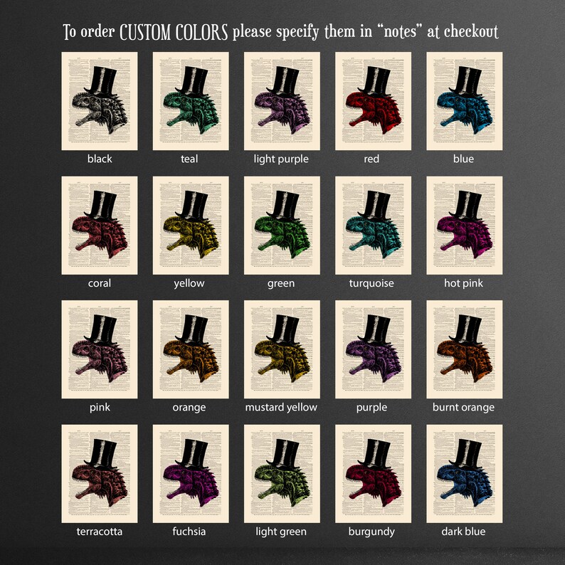 May include: A chart showing 20 different color options for a dinosaur wearing a top hat. The colors include black, teal, light purple, red, blue, coral, yellow, green, turquoise, hot pink, pink, orange, mustard yellow, purple, burnt orange, terracotta, fuchsia, light green, burgundy, and dark blue.