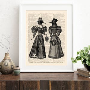 May include: Black and white illustration of two women wearing Victorian-era dresses with bird heads. The image is printed on a vintage book page with text.