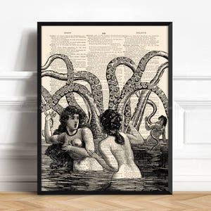 Frau mit Oktopus, Kraken Poster, Kunst Poster, Schlafzimmer Kunst, Viktorianisches Badezimmer, witziges Badezimmer Dekor, beste Freundin Geschenk Coole Trauzeugen Geschenk 216