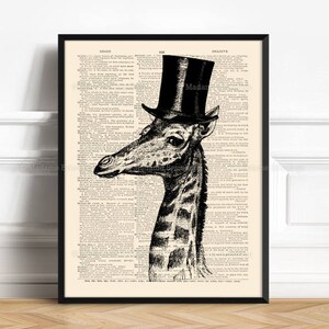 May include: Black and white illustration of a giraffe wearing a top hat. The giraffe's head and neck are visible, and the hat is tilted slightly to the side. The background is a page of text from an old book.