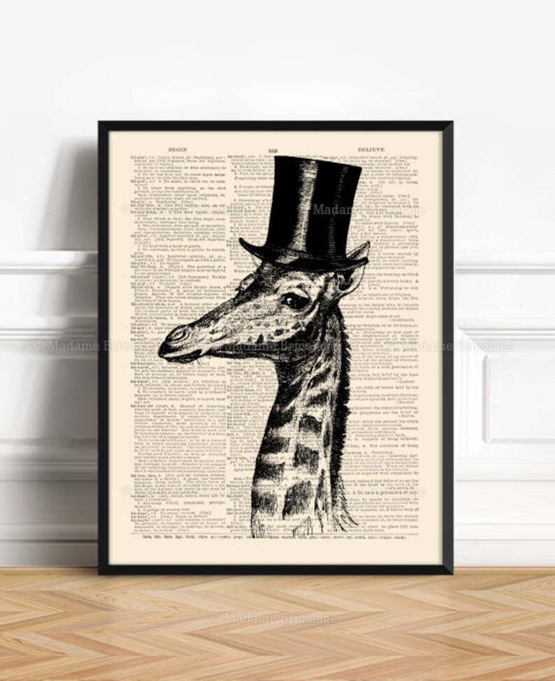 May include: Black and white illustration of a giraffe wearing a top hat. The giraffe's head and neck are visible, and the hat is tilted slightly to the side. The background is a page of text from an old book.