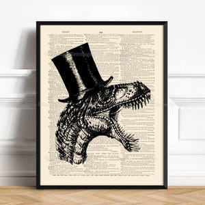 May include: Black and white illustration of a Tyrannosaurus Rex wearing a top hat. The image is printed on a vintage dictionary page.