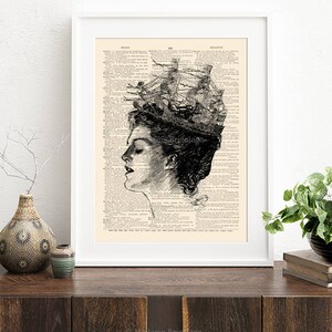 May include: A black and white illustration of a woman's profile with a ship sailing on top of her head. The image is printed on a vintage book page with text.