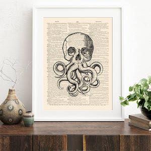 May include: A black and white illustration of a skull with an octopus's tentacles wrapped around it. The image is printed on a vintage dictionary page.
