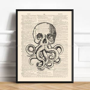 May include: Black and white illustration of a skull with an octopus's tentacles wrapped around it. The image is printed on a vintage dictionary page.