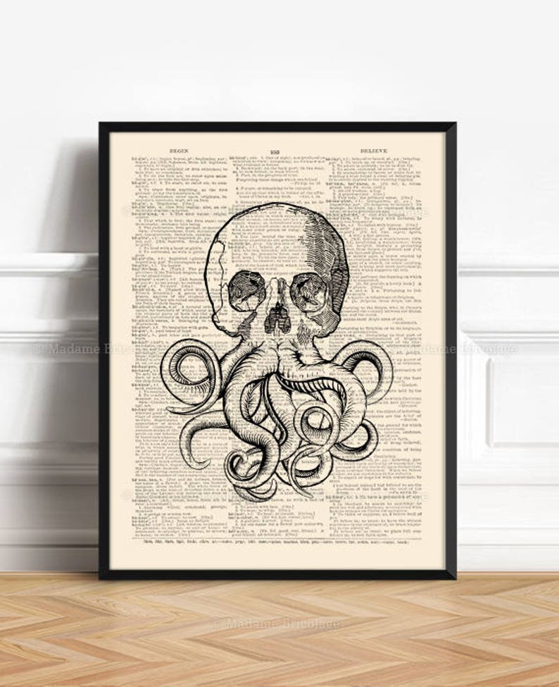 May include: Black and white illustration of a skull with an octopus's tentacles wrapped around it. The image is printed on a vintage dictionary page.