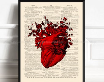Red Anatomical Heart and Flowers Anatomical Heart Print Flower Print Floral Art Print Heart Illustration Valentine Gift for Her Him 056
