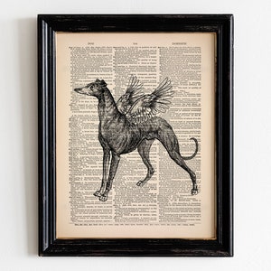 Puede incluir: Ilustraci&oacute;n en blanco y negro de un galgo con alas impresa en una p&aacute;gina de diccionario vintage. El texto en la p&aacute;gina dice "DOG" y "DOMESTICITY".