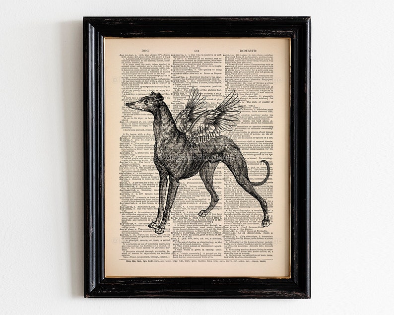 Puede incluir: Ilustraci&oacute;n en blanco y negro de un galgo con alas impresa en una p&aacute;gina de diccionario vintage. El texto en la p&aacute;gina dice "DOG" y "DOMESTICITY".