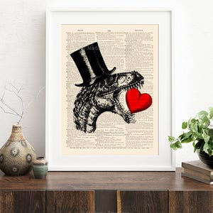 May include: A black and white illustration of a dinosaur wearing a top hat and holding a red heart. The illustration is printed on a vintage dictionary page.