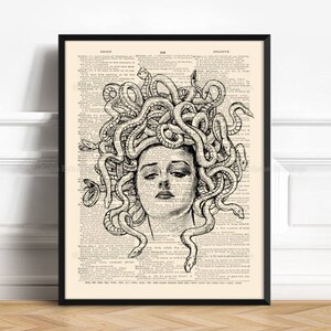May include: Black and white illustration of Medusa, a Greek mythological figure, with snakes for hair. The illustration is printed on a vintage dictionary page.