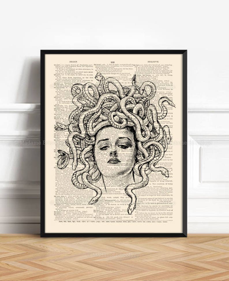 May include: Black and white illustration of Medusa, a Greek mythological figure, with snakes for hair. The illustration is printed on a vintage dictionary page.