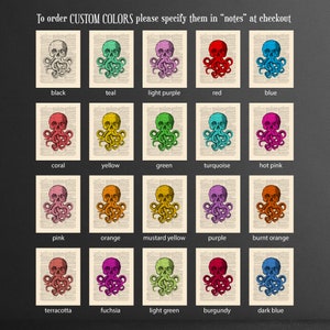 May include: A chart showing 18 different color options for a skull and octopus design. The colors include black, teal, light purple, red, blue, coral, yellow, green, turquoise, hot pink, pink, orange, mustard yellow, purple, burnt orange, terracotta, fuchsia, light green, burgundy, and dark blue.