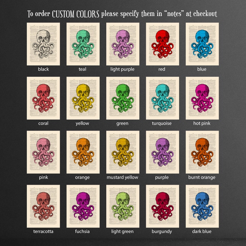 May include: A chart showing 18 different color options for a skull and octopus design. The colors include black, teal, light purple, red, blue, coral, yellow, green, turquoise, hot pink, pink, orange, mustard yellow, purple, burnt orange, terracotta, fuchsia, light green, burgundy, and dark blue.
