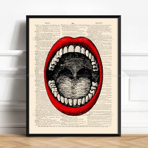 Red Lips Decor, Dentist Gift, Open Mouths, Red Open Mouths, 18th Birthday Gift, Human Anatomy Poster, Book Pages Poster 122