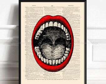 Rote Lippen Dekor, Zahnarzt Geschenk, Offene Münder, Rote Offene Münder, Geschenk zum 18.Geburtstag, Anatomie Poster, Buchseiten Poster 122