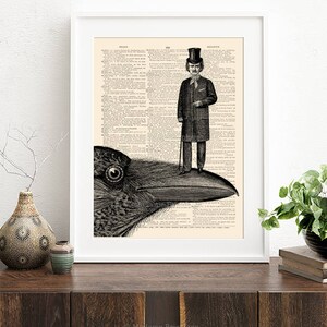 May include: A black and white illustration of a raven with a man in a top hat and coat standing on its beak. The illustration is printed on a vintage book page.