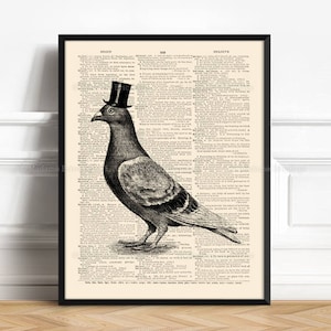 Pode incluir: Uma ilustra&ccedil;&atilde;o em preto e branco de um pombo usando um chap&eacute;u-coco. A imagem &eacute; impressa em uma p&aacute;gina de dicion&aacute;rio vintage com texto das palavras "Begin", "Bid" e "Believe".