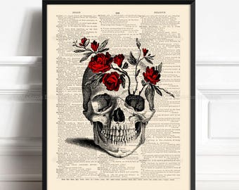 Skull Flowers, Real Skull Decor, Sister Gift, College Dorm Print, Red Rose Decor, Wife Xmas Gift, Rustic Bathroom, Art Print Vintage 429