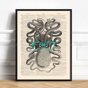 Octopus Geek, Octopus Tentacle Art, Tentacles Art Print, Funny Bathroom Art, Name Day Print Gift, Nerd Wearing Glasses, Sea Life Poster, 200