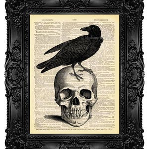 Halloween Decor, Halloween Home Decor, Halloween Decorations Fall Decorations Skull and Raven Poster Art Print Antique Upcycled Book Page 54