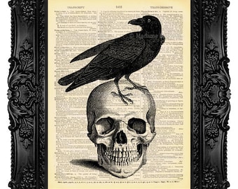 Halloween Dekor, Halloween Wohn Dekor, Halloween Dekorationen Herbst Dekorationen Schädel und Raben Poster Kunstdruck Antikes Upcycled Buch Seite 54