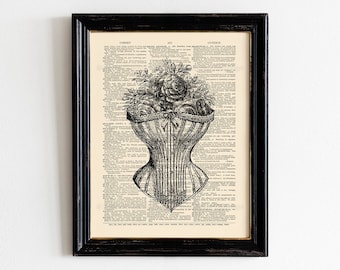 Corsé vintage con arte de pared de flores, Boudoir femenino francés victoriano, corsé floral con ilustración de rosas, decoración de arte de pared Steampunk 308