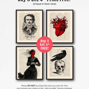 May include: Four framed prints with black and white backgrounds and red accents. The prints feature a portrait of Edgar Allan Poe, a human heart with flowers, a woman with a red face, and a raven perched on a skull. The text "Buy 3 Get 4th FREE!" is displayed in red.