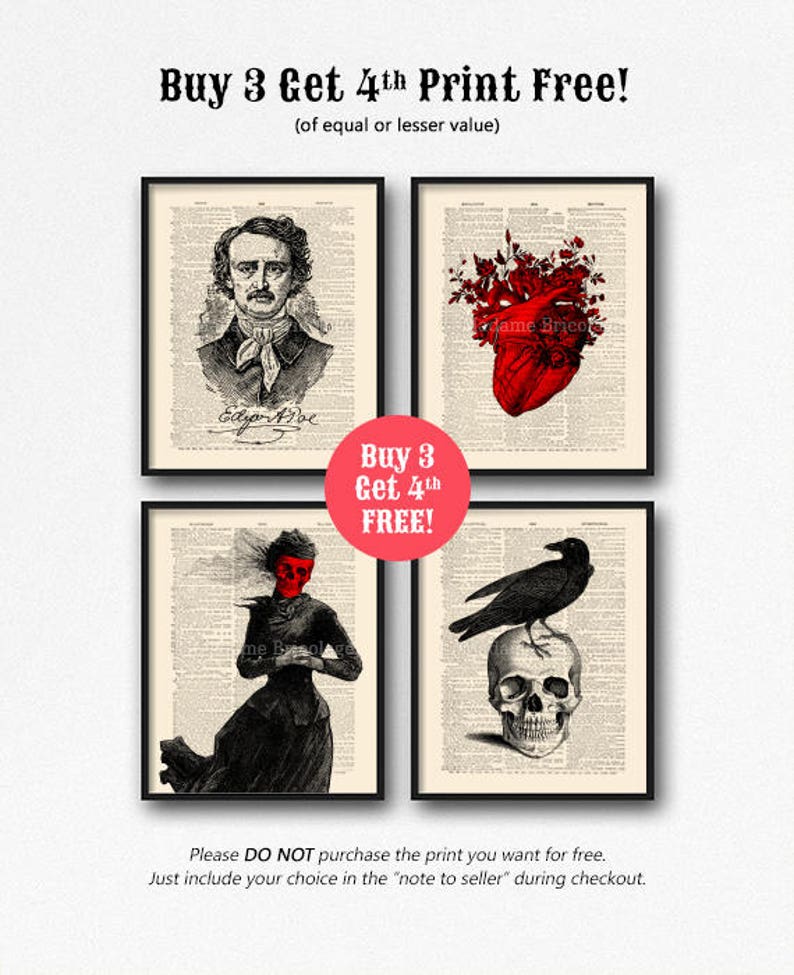 May include: Four framed prints with black and white backgrounds and red accents. The prints feature a portrait of Edgar Allan Poe, a human heart with flowers, a woman with a red face, and a raven perched on a skull. The text "Buy 3 Get 4th FREE!" is displayed in red.