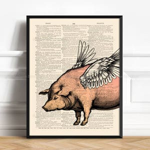 May include: A pink pig with wings drawn on a vintage dictionary page. The pig is facing left and has a detailed illustration of wings. The dictionary page has text in black and white.