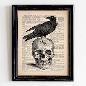 Raven Skull Art Print, Witchy Room Decor, Vintage Skull Art, Gothic Poster, Gift For Him, Dark Academia Wall Art, Crow Halloween Decor 054