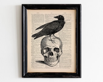 Raben Schädel Kunstdruck, Witchy Poster, Vintage Schädel Kunst, Gothic Poster, Geschenk Für Ihn, Dark Academia Wandkunst, Krähe Halloween Dekor 054