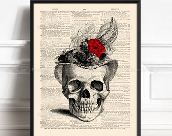 May include: A black and white illustration of a human skull wearing a black and white hat with a red rose on top. The image is printed on a vintage dictionary page with the words "Begin", "Bid", and "Believe" visible.