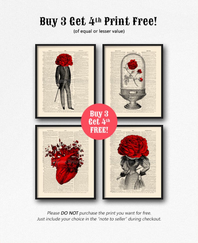 Puede incluir: Cuatro impresiones enmarcadas con marcos negros y fondos blancos. Cada impresi&oacute;n presenta una ilustraci&oacute;n en blanco y negro de una rosa con una cabeza de rosa roja. La primera impresi&oacute;n muestra a un hombre con una cabeza de rosa y un bast&oacute;n. La segunda impresi&oacute;n muestra una rosa en una c&uacute;pula de vidrio. La tercera impresi&oacute;n muestra un coraz&oacute;n con una cabeza de rosa. La cuarta impresi&oacute;n muestra a una mujer con una cabeza de rosa y un bast&oacute;n. El texto "Buy 3 Get 4th Print Free!" est&aacute; en la parte superior de la imagen. El texto "Buy 3 Get 4th FREE!" est&aacute; en un cuadro rojo en el medio de la imagen. El texto "Please DO NOT purchase the print you want for free. Just include your choice in the "note to seller" during checkout." est&aacute; en la parte inferior de la imagen.